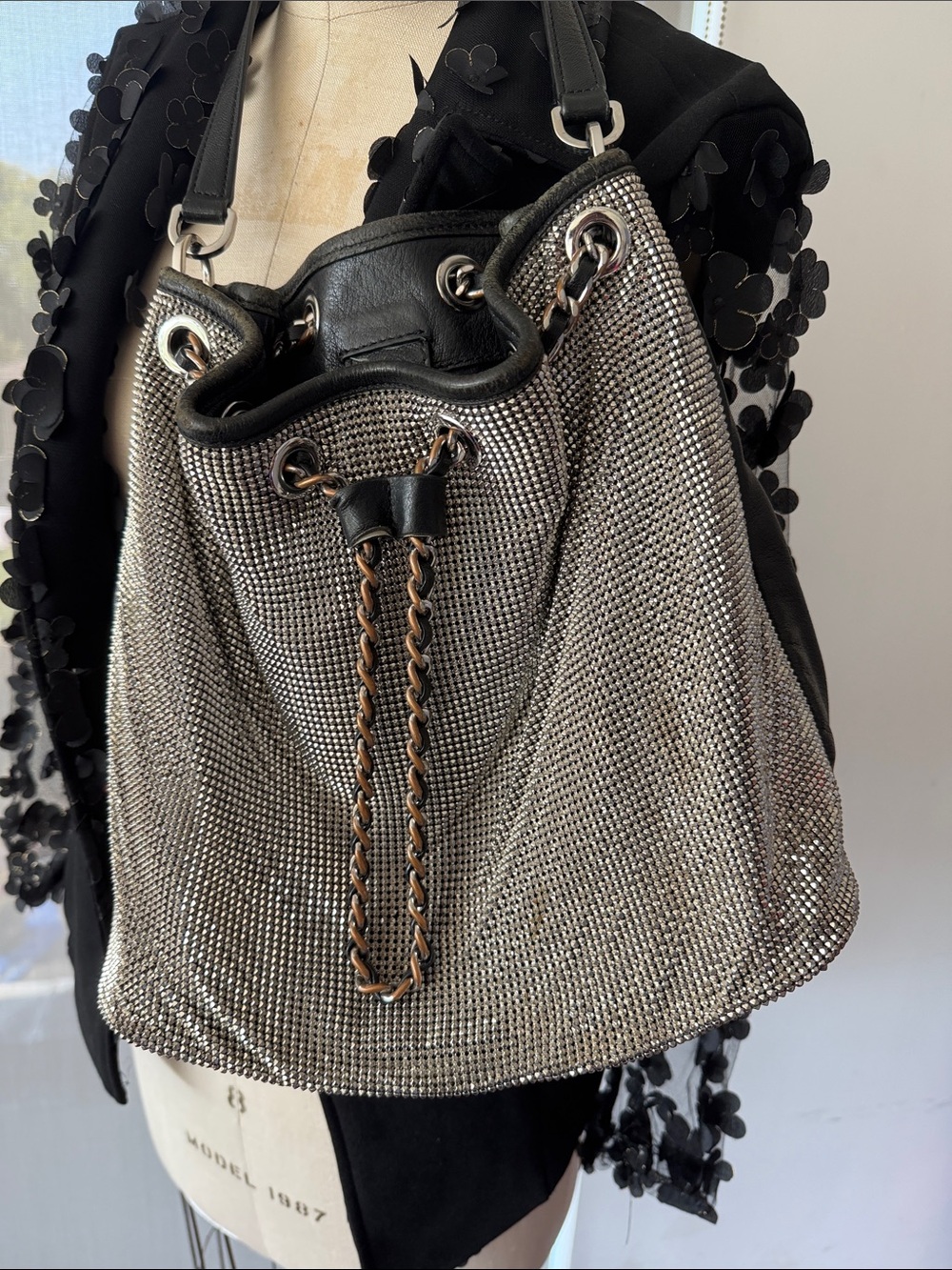 Michael Kors Silver Mesh Drawstring Hobo with Black Trim